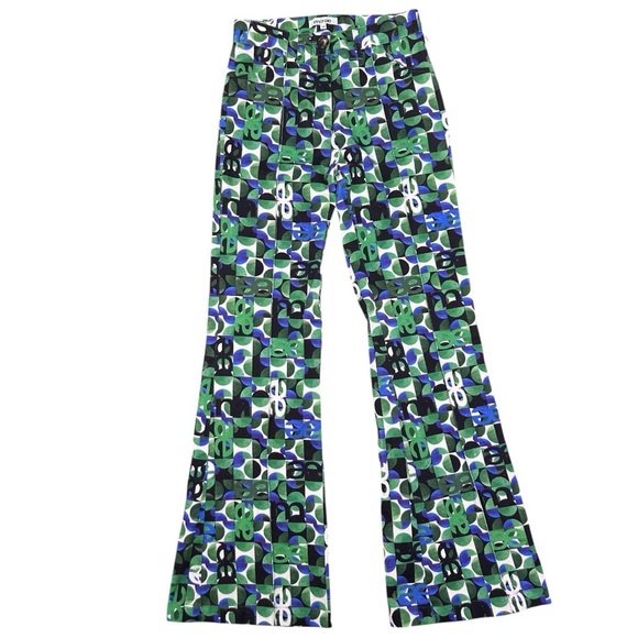 Mirae Paris Women’s ae Pattern Green Multicolor Stretch Flare Pants Size 34 US 2 - Picture 1 of 10